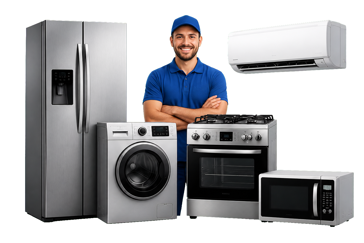 Técnico da Tecmalta com refrigerador, lavadora, fogão, micro-ondas e ar-condicionado